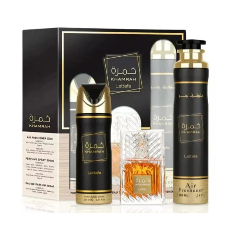 Set Perfume Khamrah EDP 100 ml + Perfume Spray 200 ml + Ambientador 300 ml Lattafa .